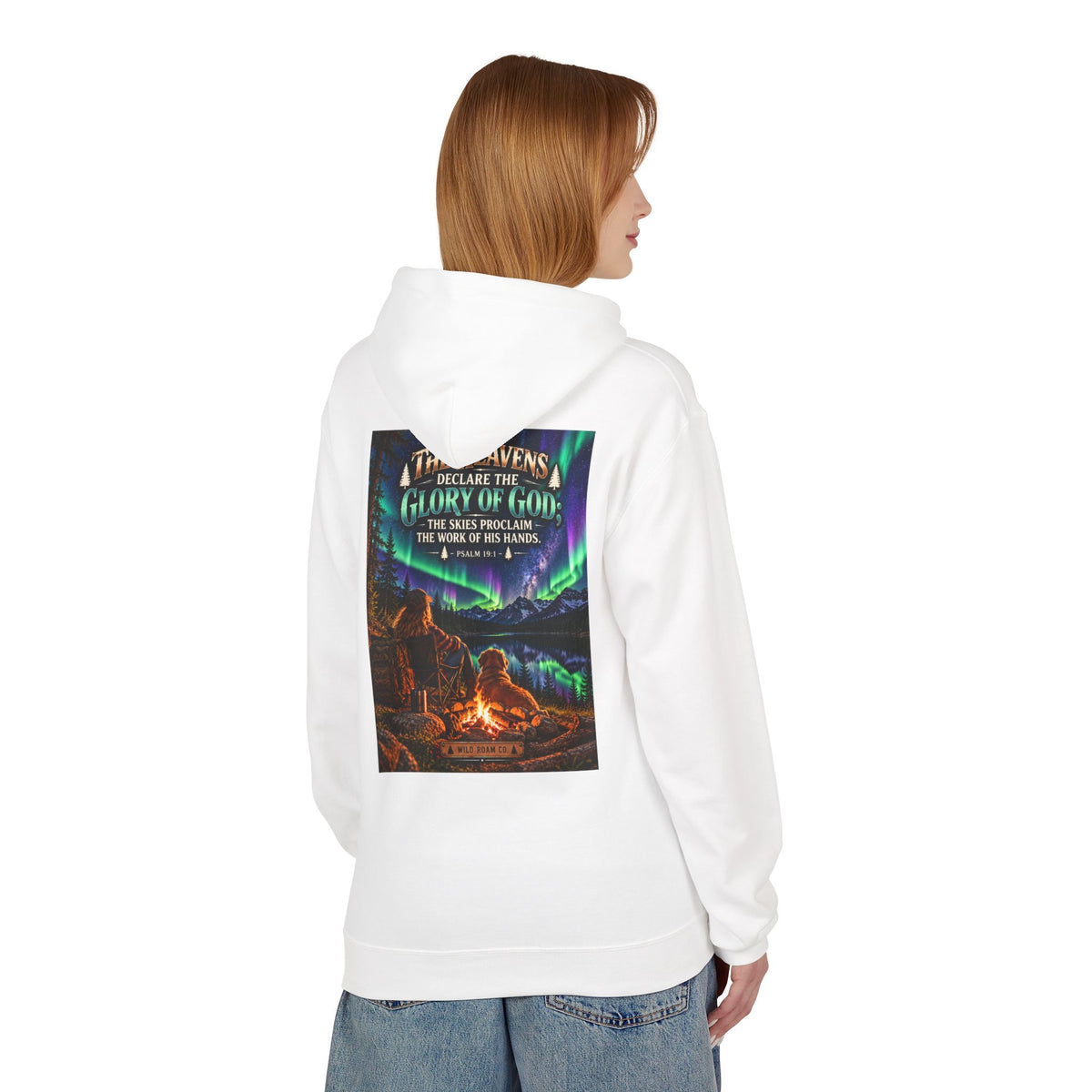 Women's Hoodie - 'Wild Roam Co.' Scenic Christian Campfire Hoodie with Aurora Psalm Design