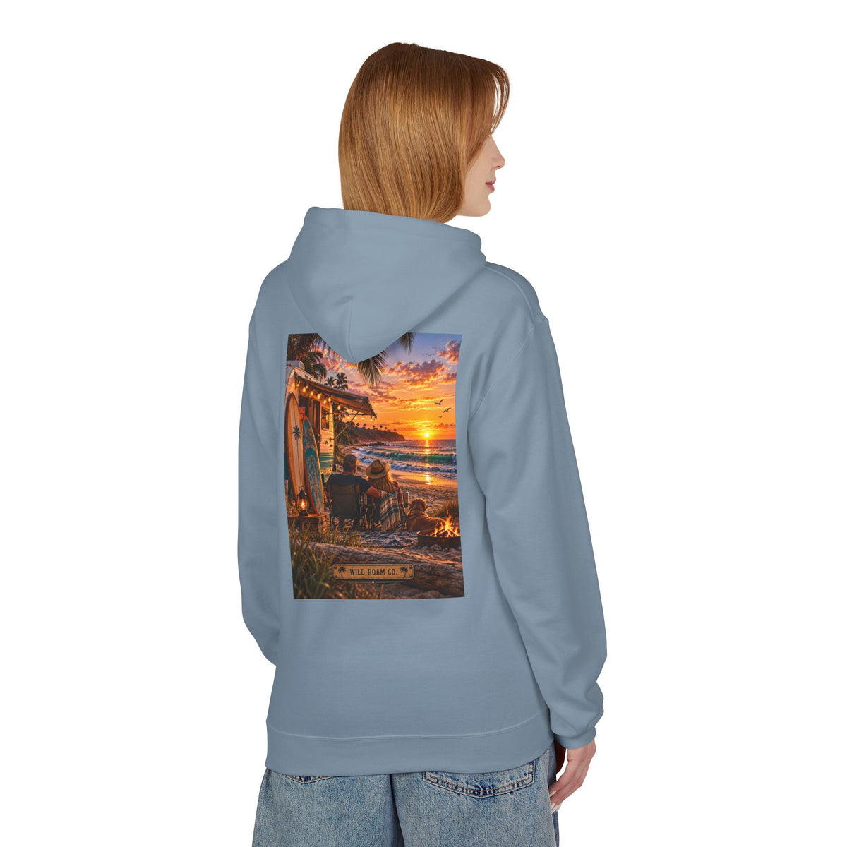 Wild Roam Co Hoodie--Surf Sunset Graphic Hoodie (Beach Sunset Surf Shack Design)