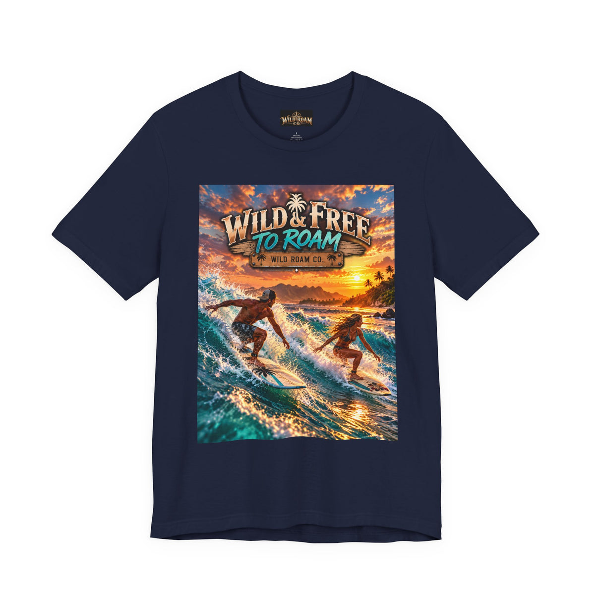 Surfing Sunset T‑Shirt — "Wild & Free to Roam" Beach Graphic Tee