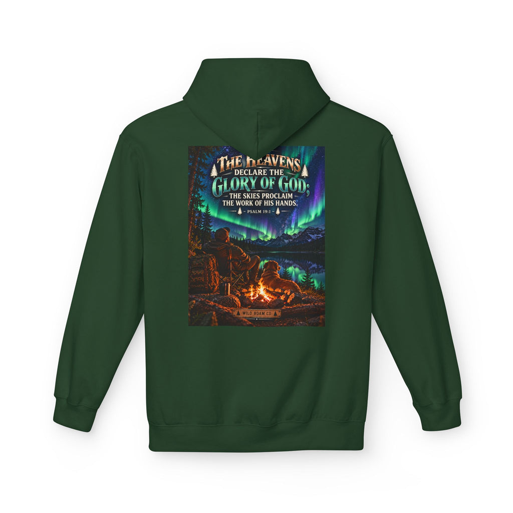 Men's Wilderness Campfire Hoodie — "The Heavens Declare" Scenic Christian Adventure Pullover