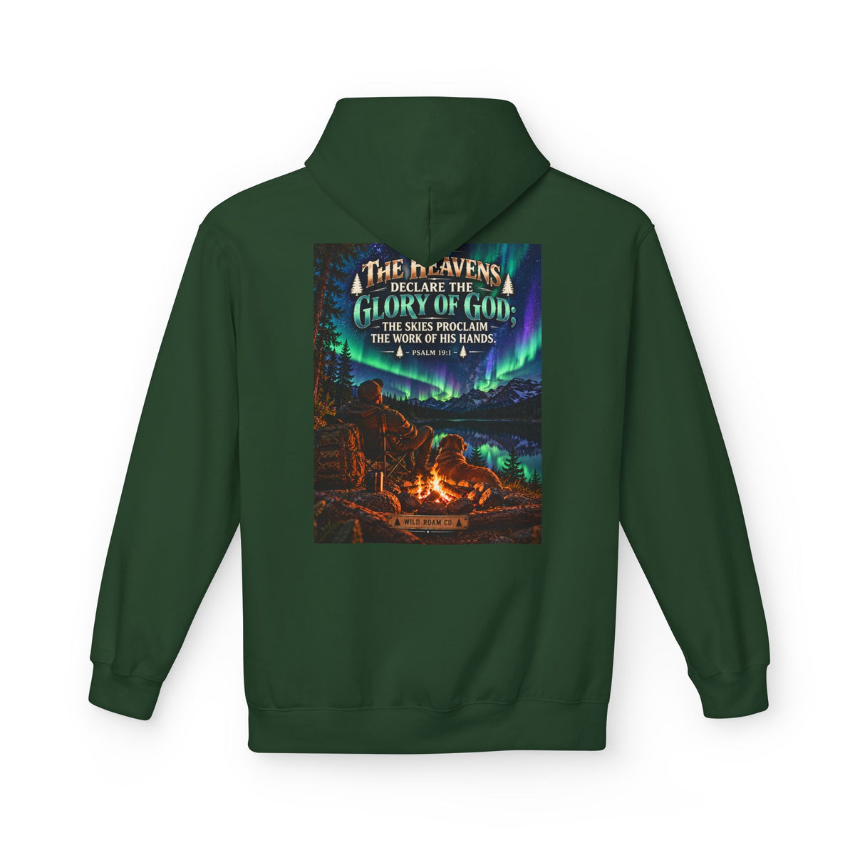 Men's Wilderness Campfire Hoodie — "The Heavens Declare" Scenic Christian Adventure Pullover