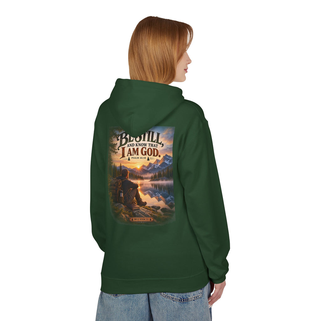 Men's Christian Nature Hoodie — “Be Still and Know That I Am God” Scenic Sweatshirt