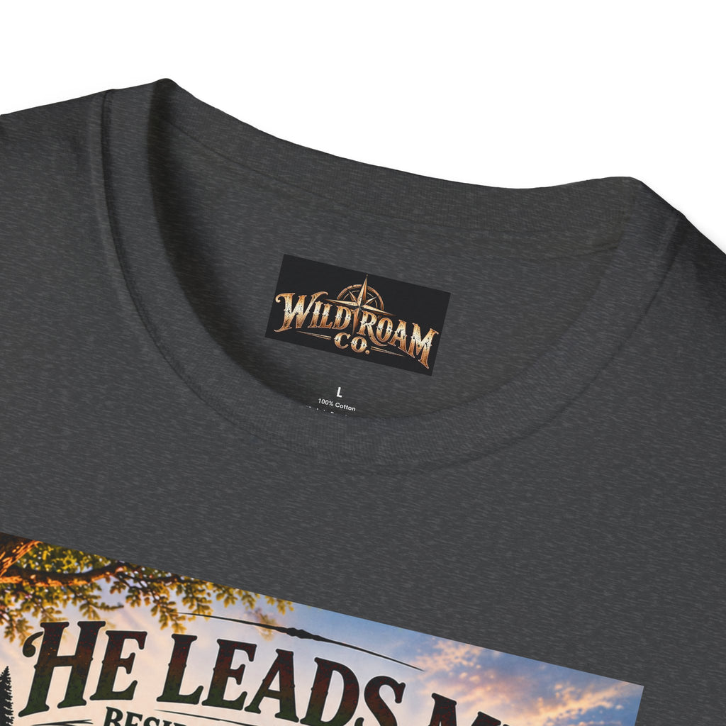 Men's He Leads Me Psalm 23 Scenic T-Shirt — Christian Faith Outdoors Graphic Tee