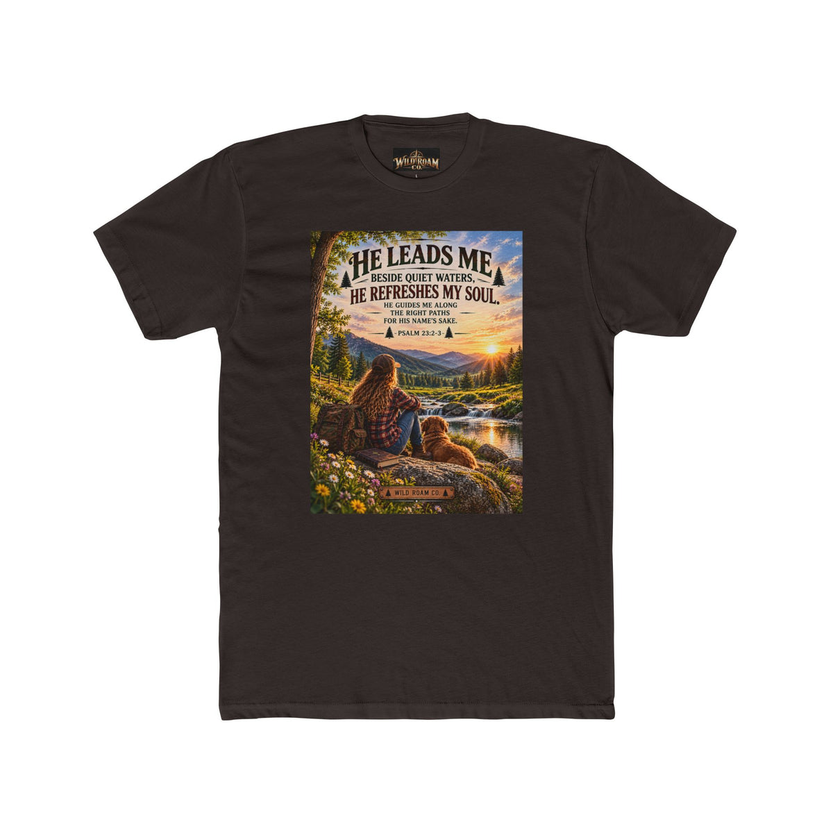 Women's Christian Shepherd Psalm T-Shirt — "He Leads Me Beside Quiet Waters" Scenic Faith Tee
