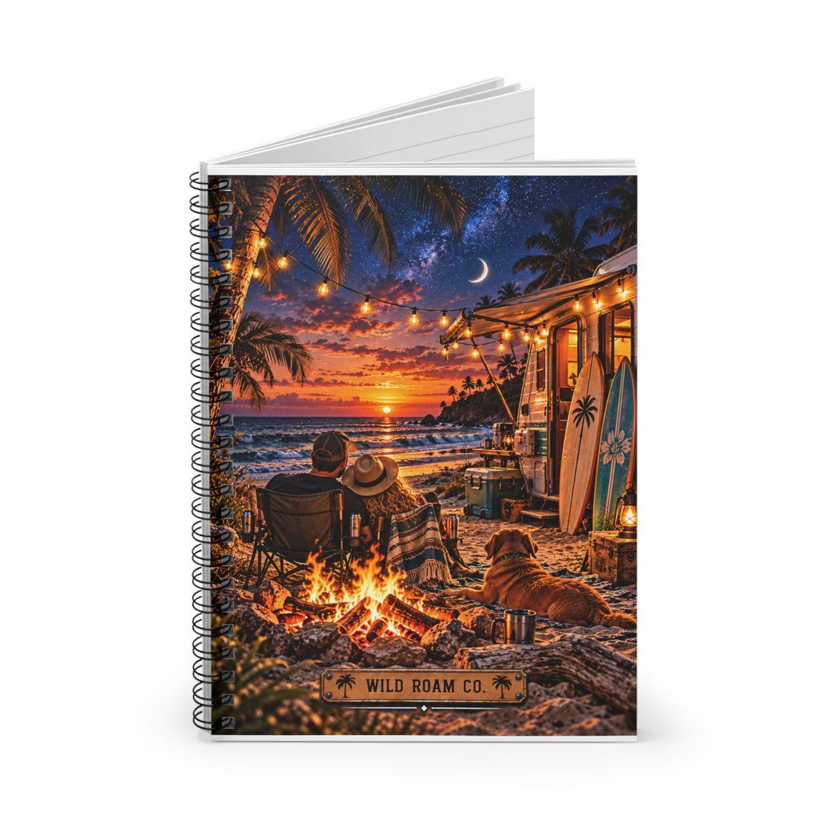 Beach Campfire Spiral Notebook — Sunset Surf & Starlit Vibes