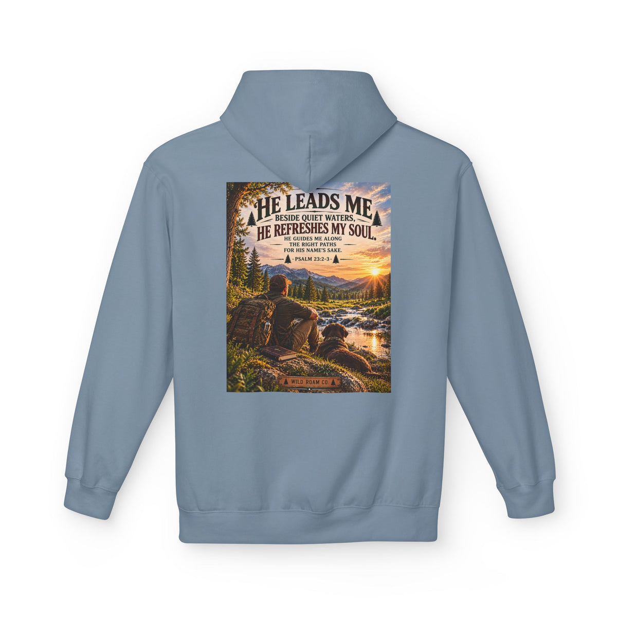 Men's Hoodie — "He Leads Me" Scenic Christian Outdoors Hoodie