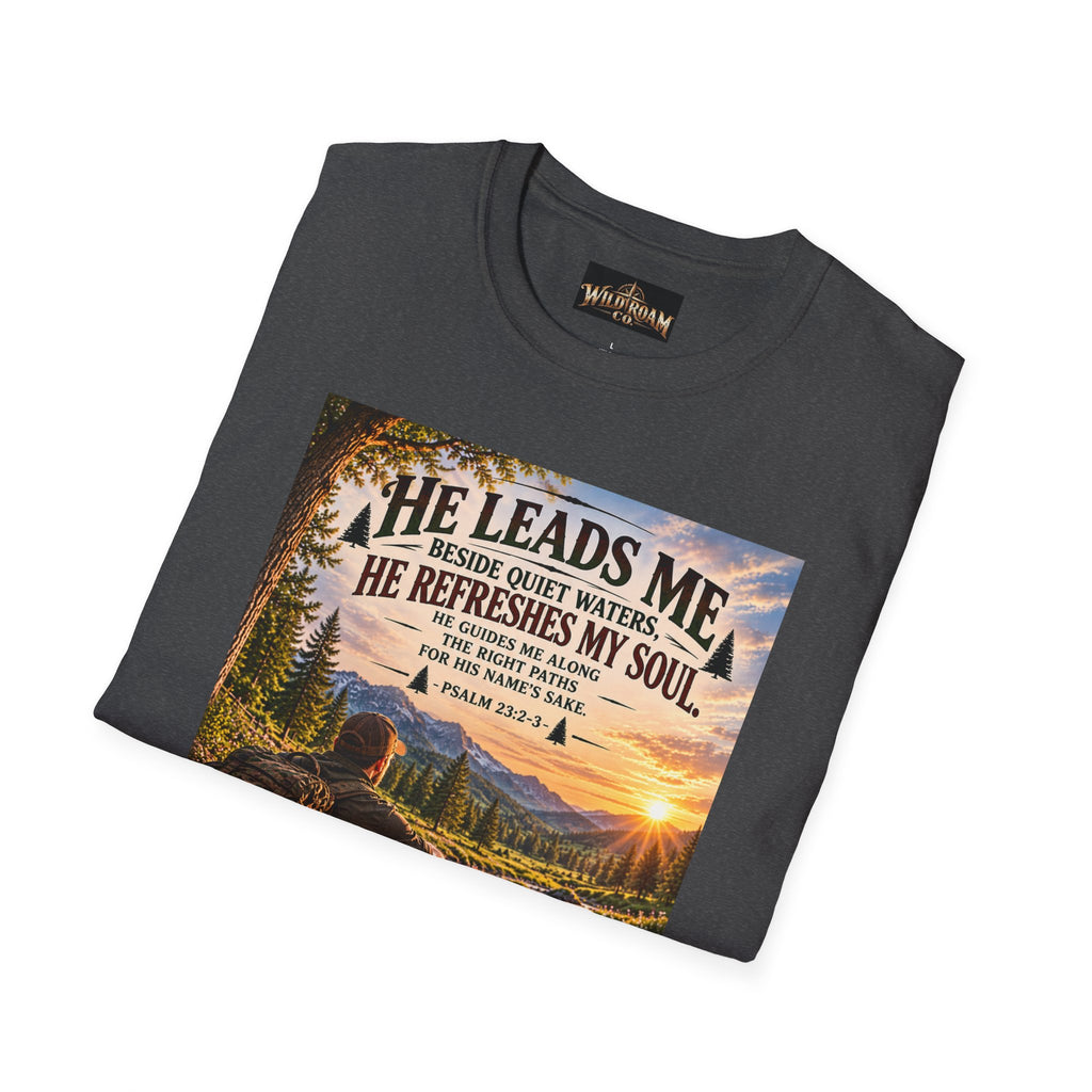 Men's He Leads Me Psalm 23 Scenic T-Shirt — Christian Faith Outdoors Graphic Tee