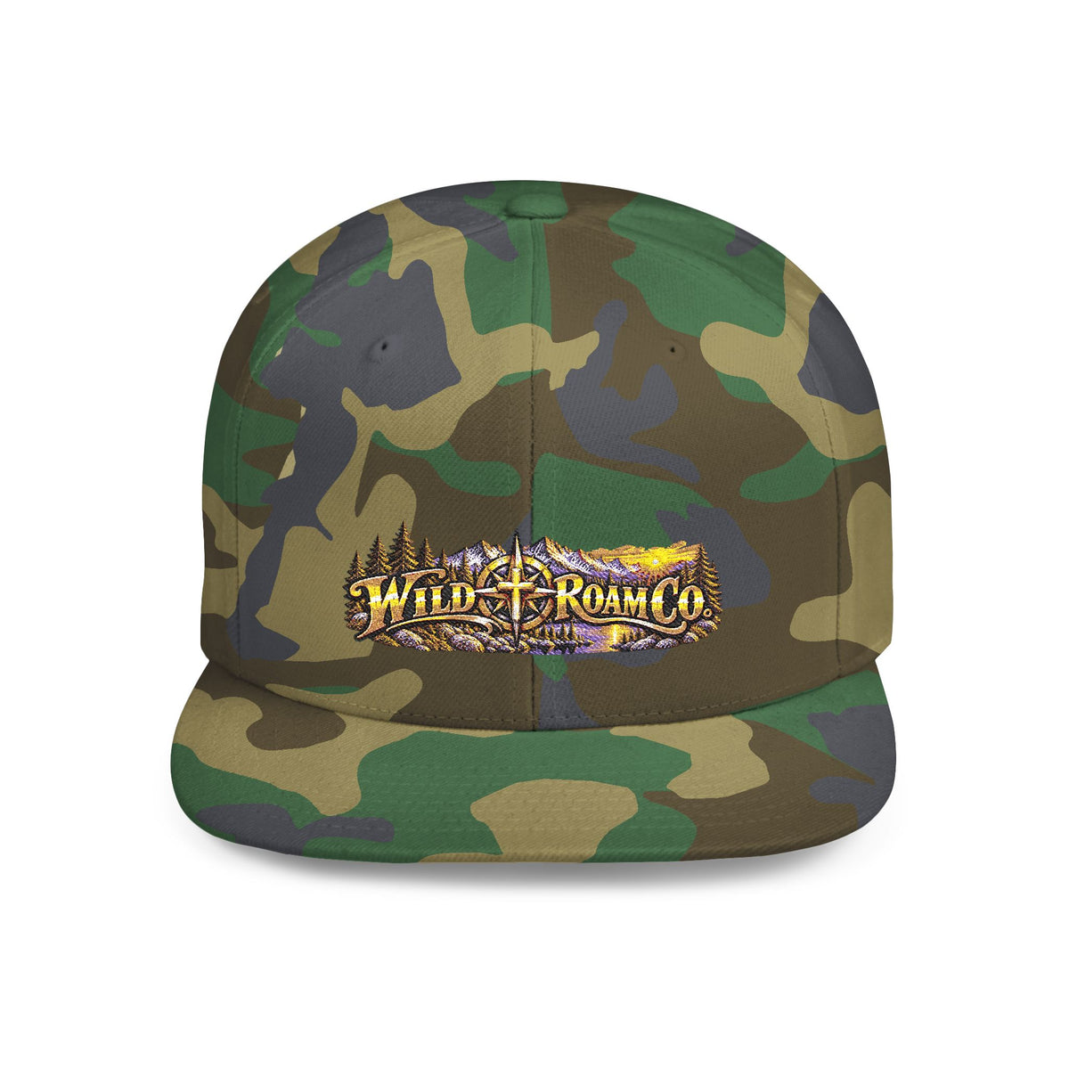 Snapback Hat — Mountain Sunrise 'Wander & Roam' Embroidered Flat Bill
