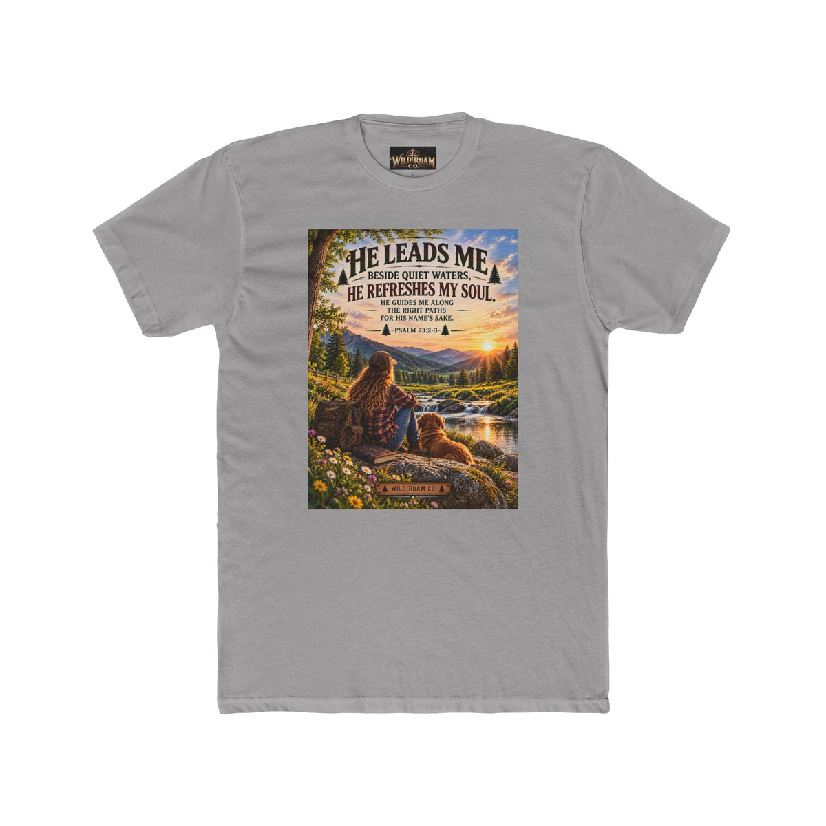 Women's Christian Shepherd Psalm T-Shirt — "He Leads Me Beside Quiet Waters" Scenic Faith Tee