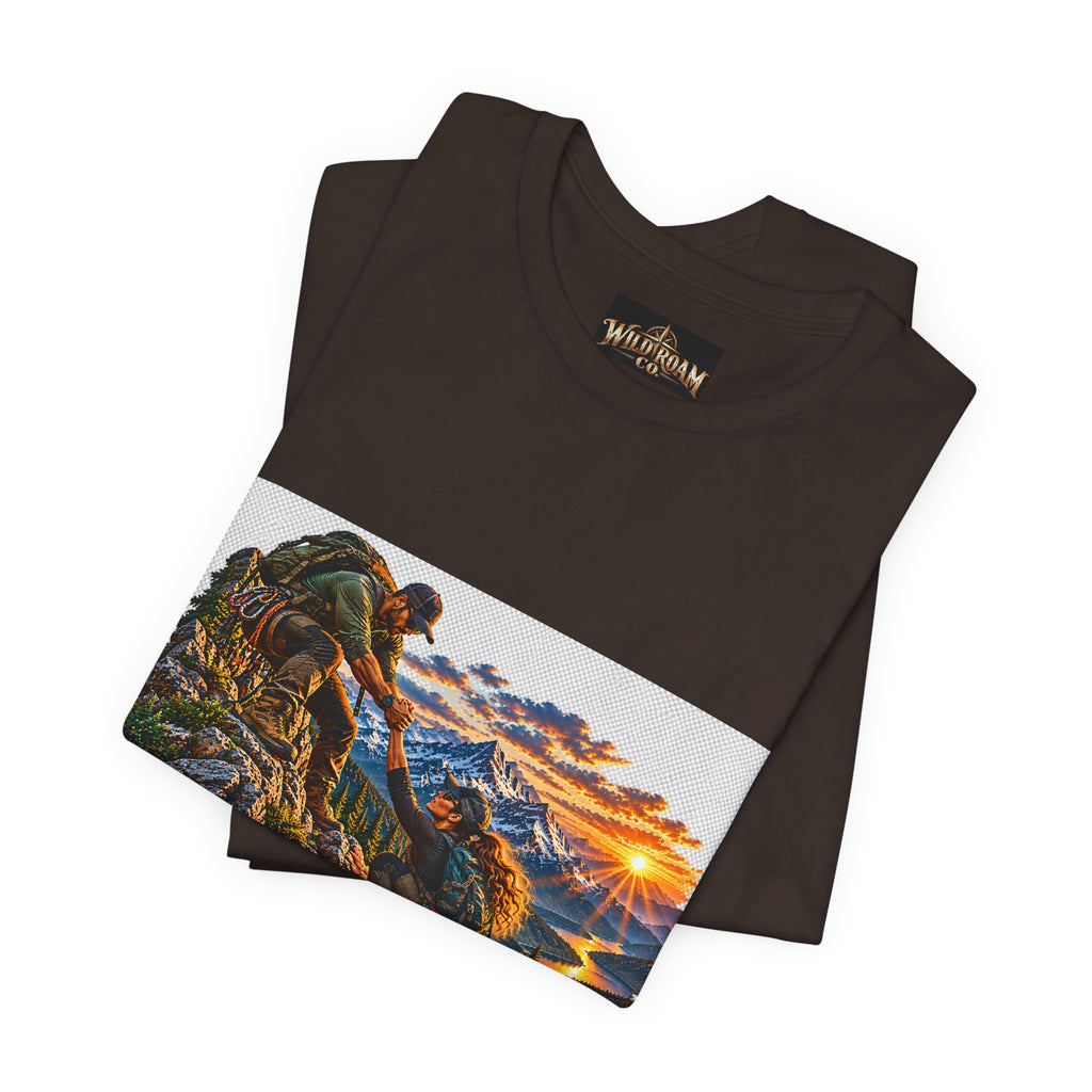 Couple Helping Hand Graphic Tee — Wild Roam Co. Mountain Climber Sunset T‑Shirt