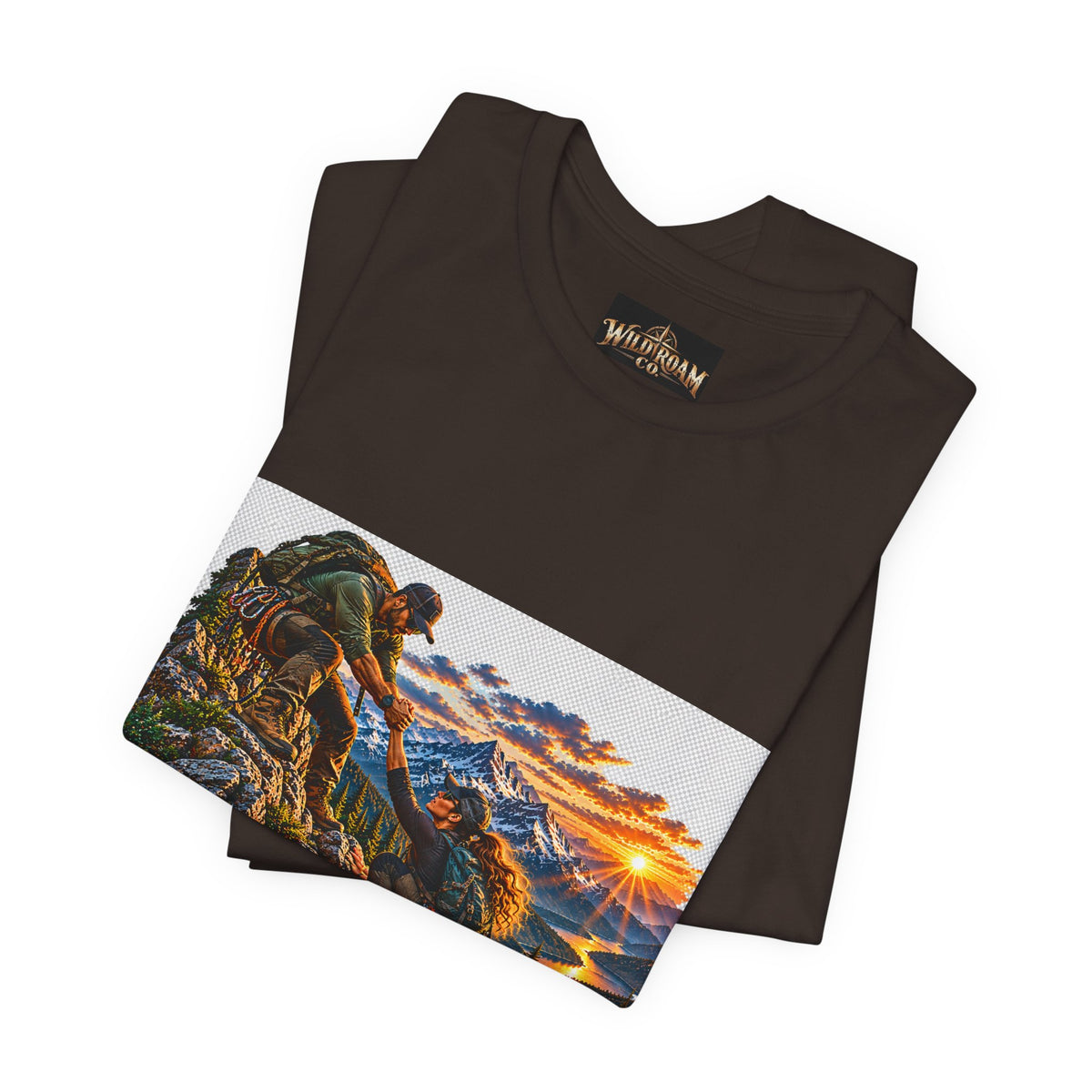 Couple Helping Hand Graphic Tee — Wild Roam Co. Mountain Climber Sunset T‑Shirt