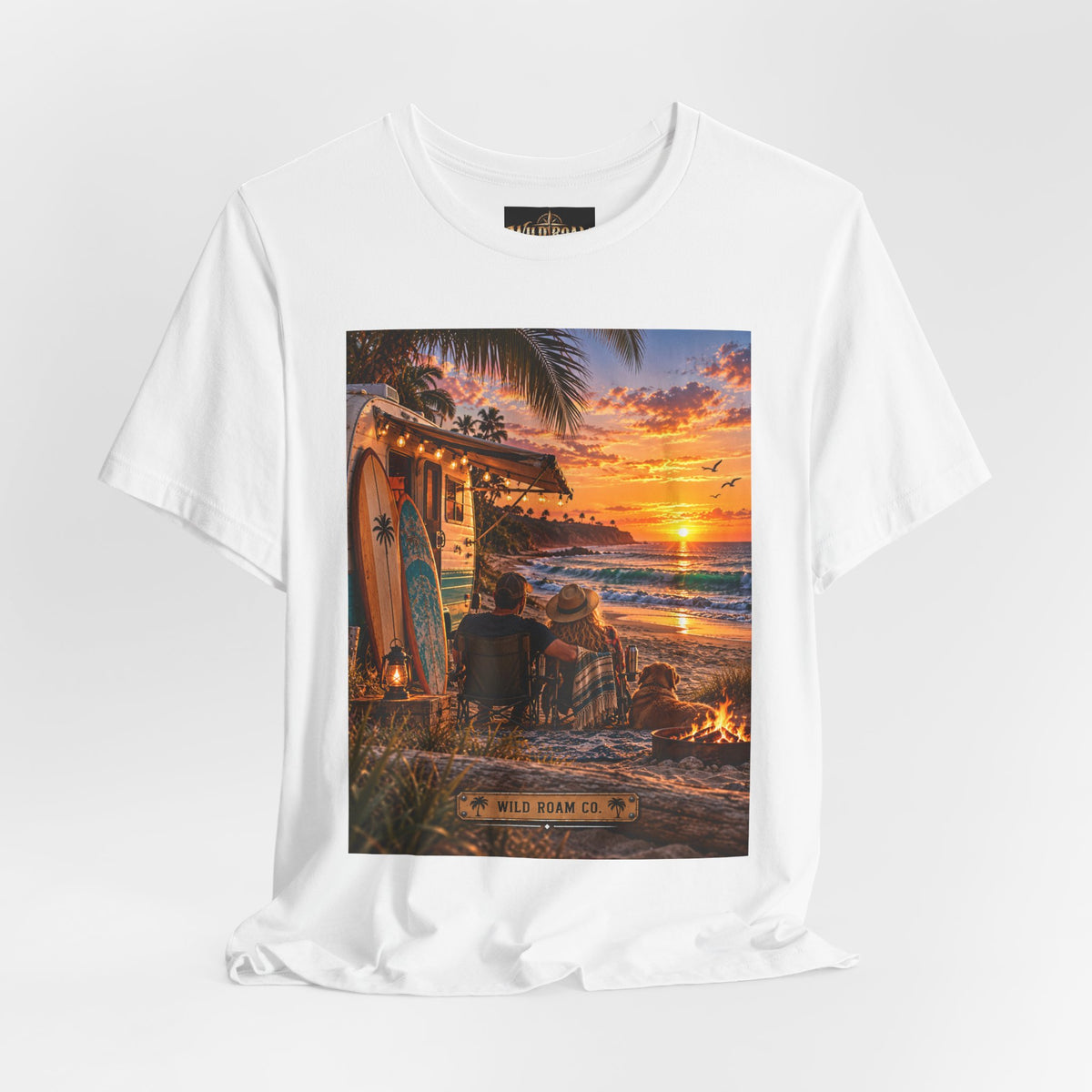 Sunset Surf Camp Tee — Beach Sunset Couple Graphic T-Shirt