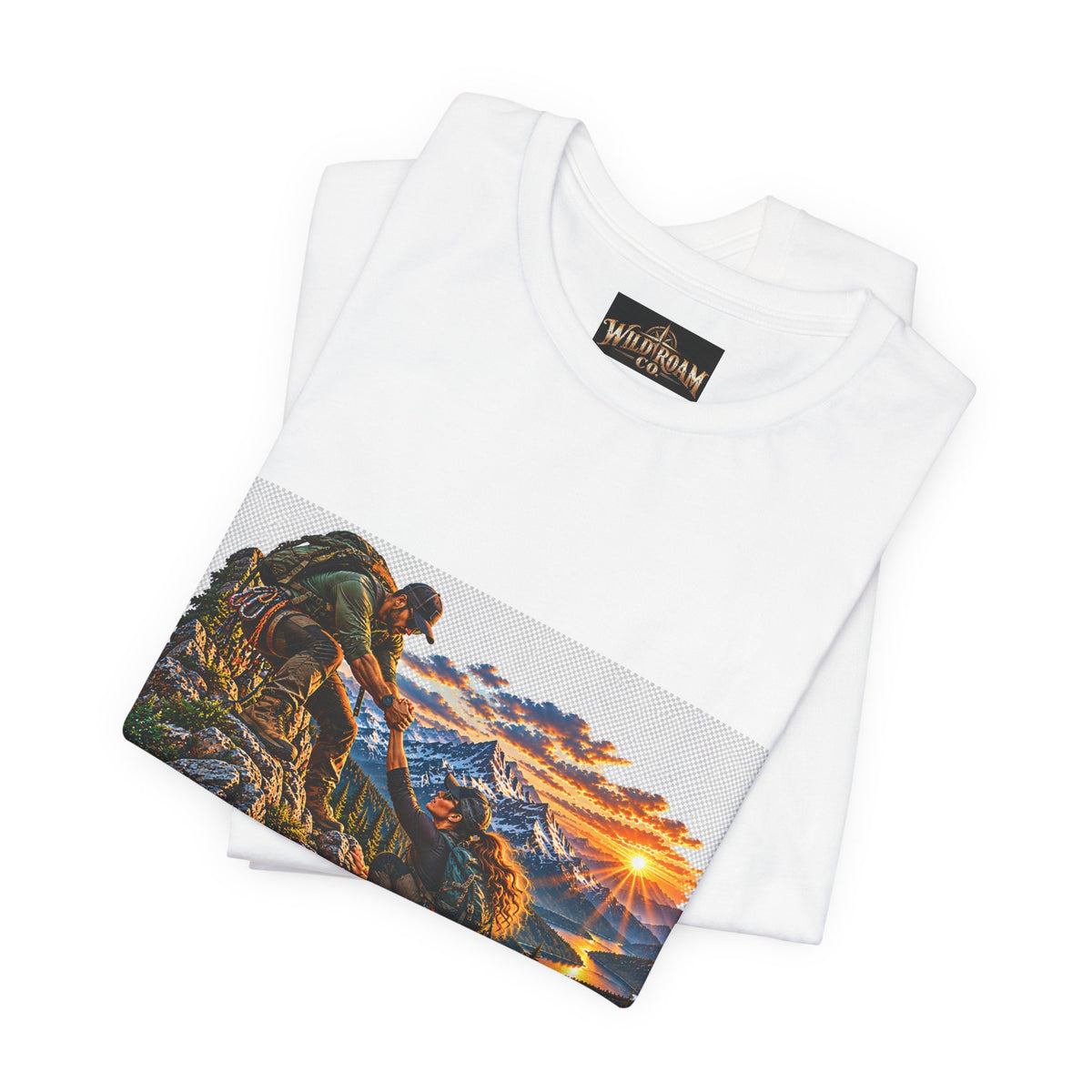 Couple Helping Hand Graphic Tee — Wild Roam Co. Mountain Climber Sunset T‑Shirt