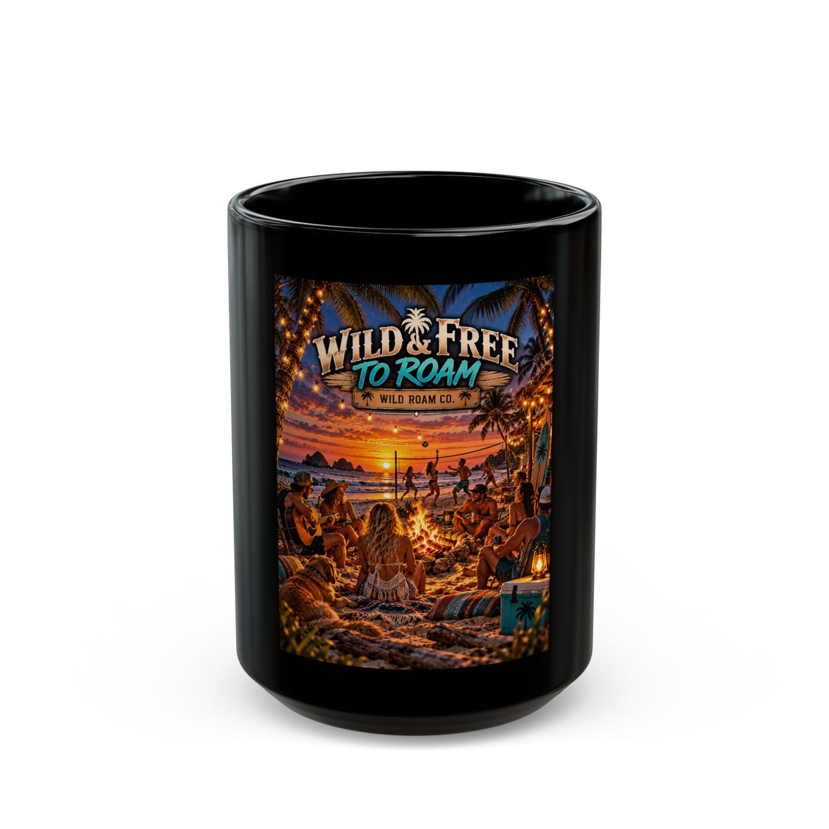 Wild & Free to Roam Black Mug — Tropical Sunset Beach Camp Coffee Cup (11oz/15oz)