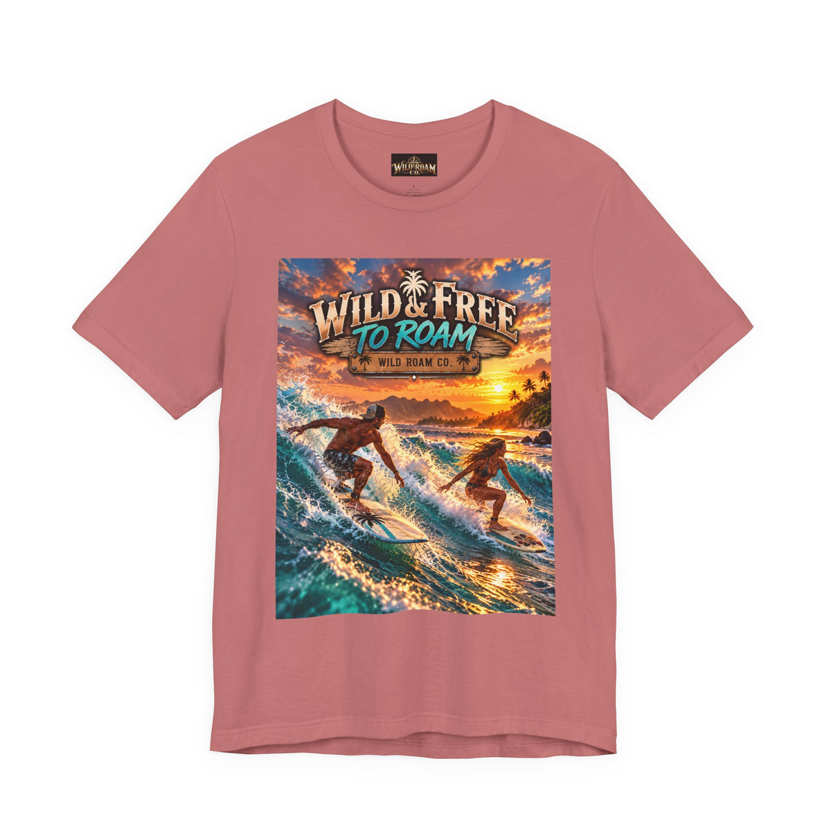 Surfing Sunset T‑Shirt — "Wild & Free to Roam" Beach Graphic Tee