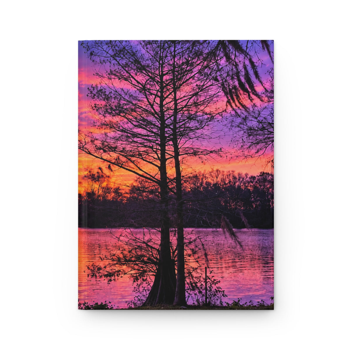 Sunset Lake Hardcover Journal — Lined Matte Notebook with Vibrant Purple & Orange Sky