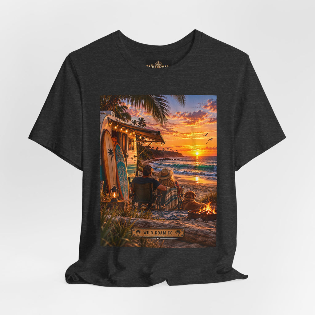 Sunset Surf Camp Tee — Beach Sunset Couple Graphic T-Shirt