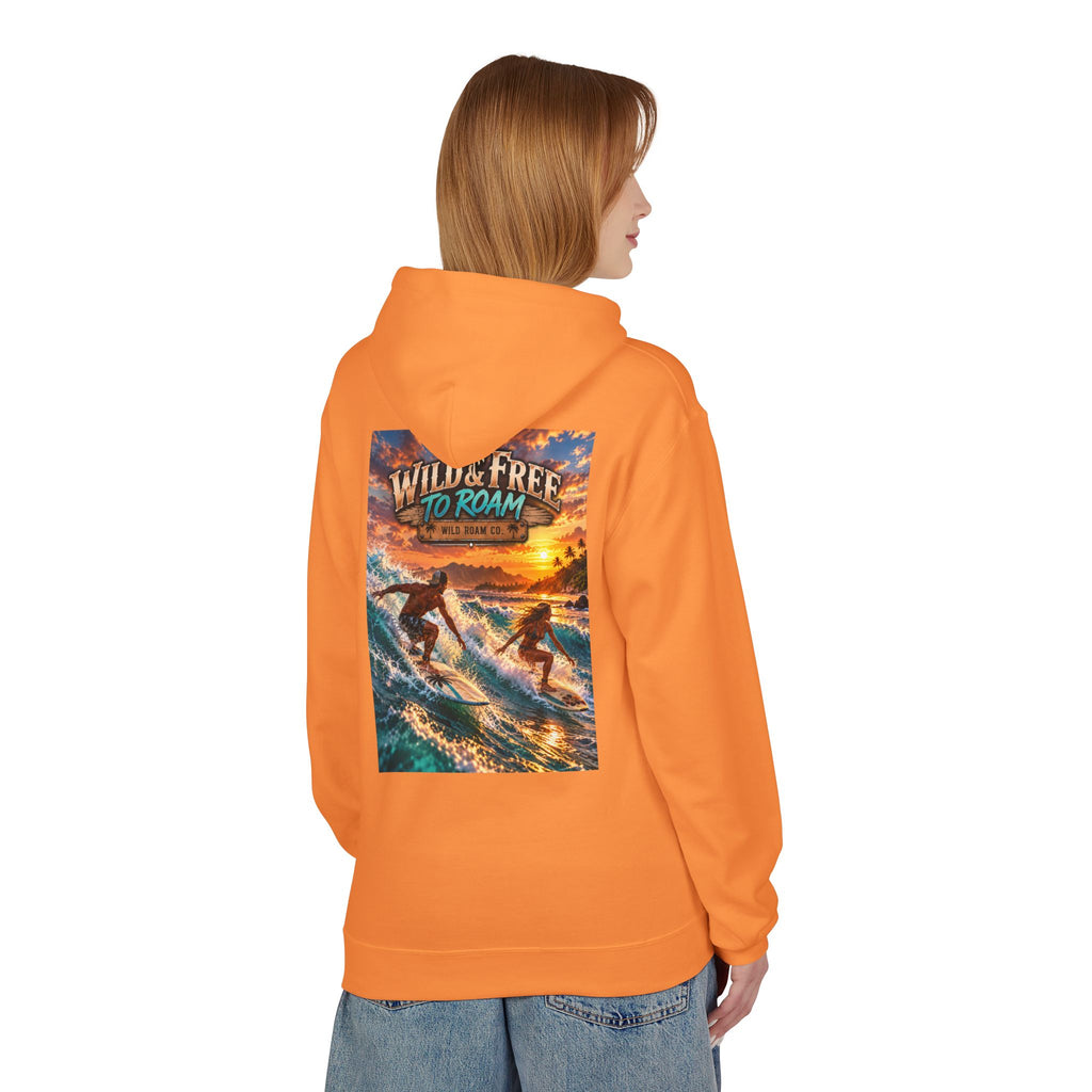 Surf Adventure Hoodie — "Wild & Free to Roam" Sunset Surf Graphic