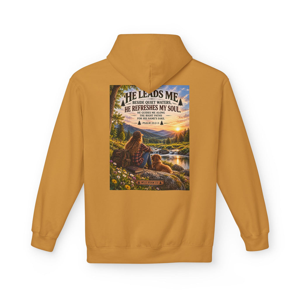 Women's Wild Roam Co. Scenic Hoodie — "He Leads Me Beside Quiet Waters" Inspirational Nature Pullover