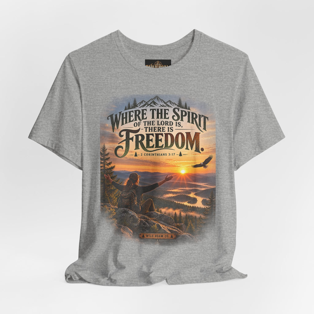 Women's Freedom Sunrise Tee — "Where the Spirit of the Lord is, there is Freedom" Christian T‑Shirt