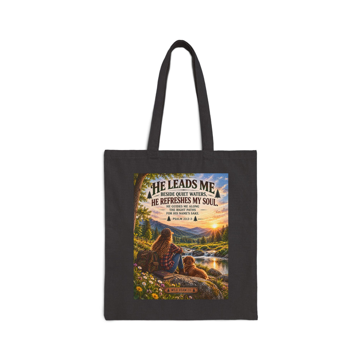 He Leads Me Religious Tote Bag - Psalm 23 Scenic Cotton Canvas Grocery Beach Bag