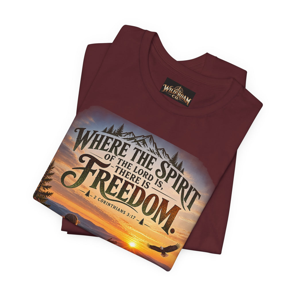 Women's Freedom Sunrise Tee — "Where the Spirit of the Lord is, there is Freedom" Christian T‑Shirt