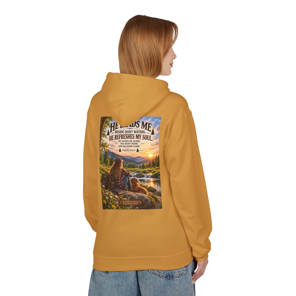 Women's Wild Roam Co. Scenic Hoodie — "He Leads Me Beside Quiet Waters" Inspirational Nature Pullover