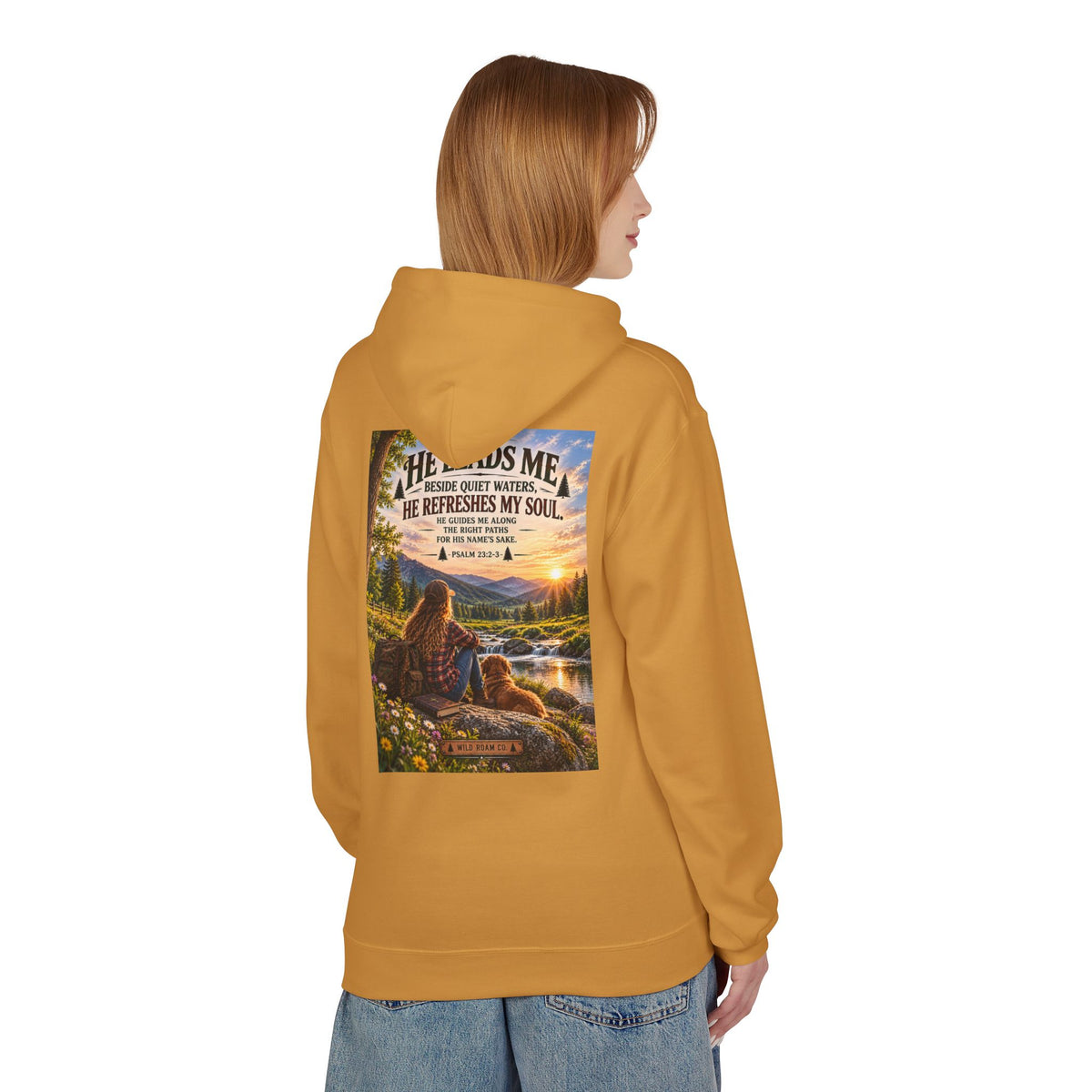 Women's Wild Roam Co. Scenic Hoodie — "He Leads Me Beside Quiet Waters" Inspirational Nature Pullover