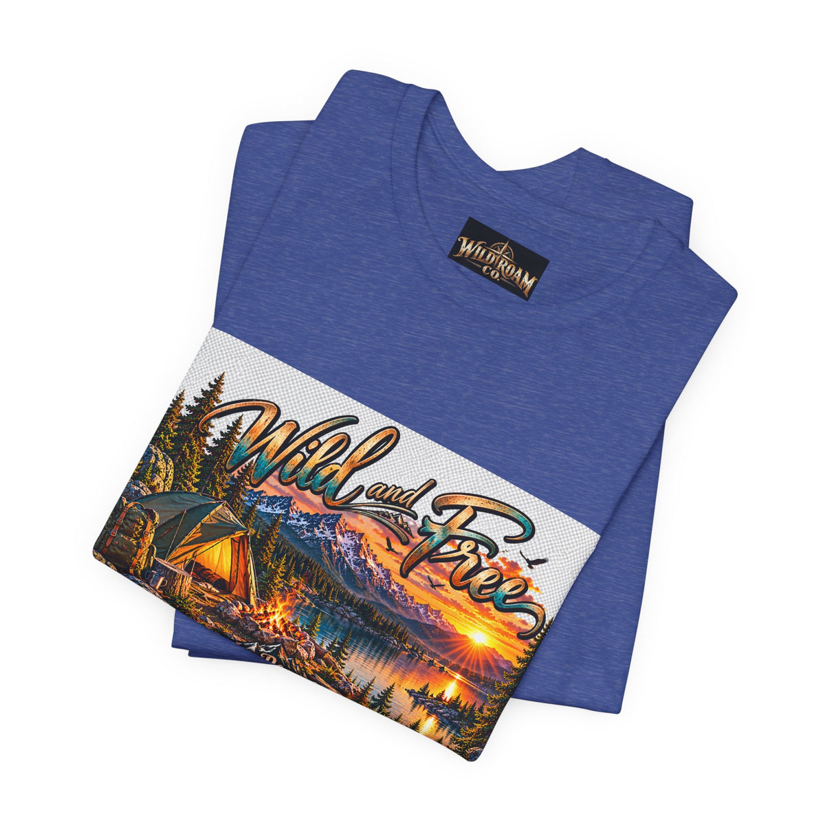 Wild and Free Camping T-Shirt — Mountain Lake Sunset Graphic Tee