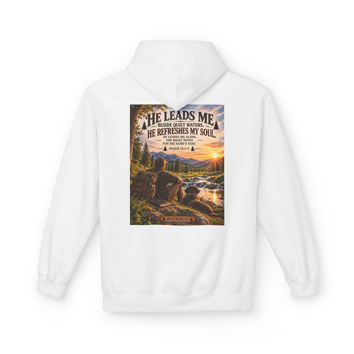 Men's Hoodie — "He Leads Me" Scenic Christian Outdoors Hoodie