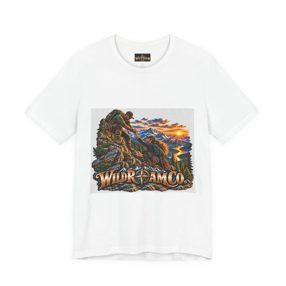 Couple Helping Hand Graphic Tee — Wild Roam Co. Mountain Climber Sunset T‑Shirt