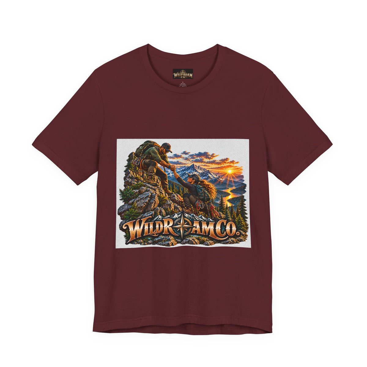 Couple Helping Hand Graphic Tee — Wild Roam Co. Mountain Climber Sunset T‑Shirt