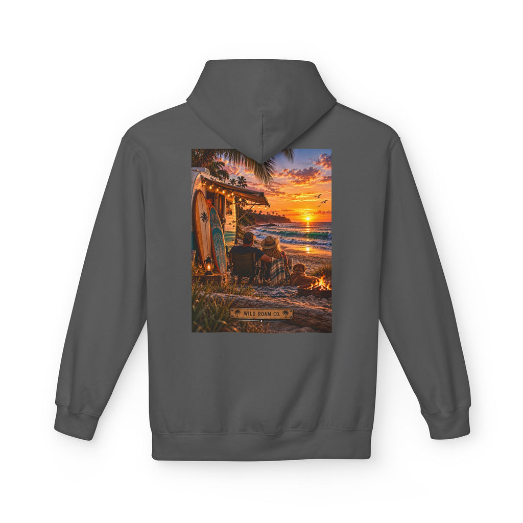 Wild Roam Co Hoodie--Surf Sunset Graphic Hoodie (Beach Sunset Surf Shack Design)