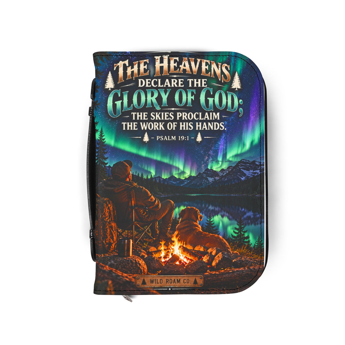 Men's Bible Cover — "The Heavens Declare the Glory of God" Psalm 19:1 Northern Lights Camping Design