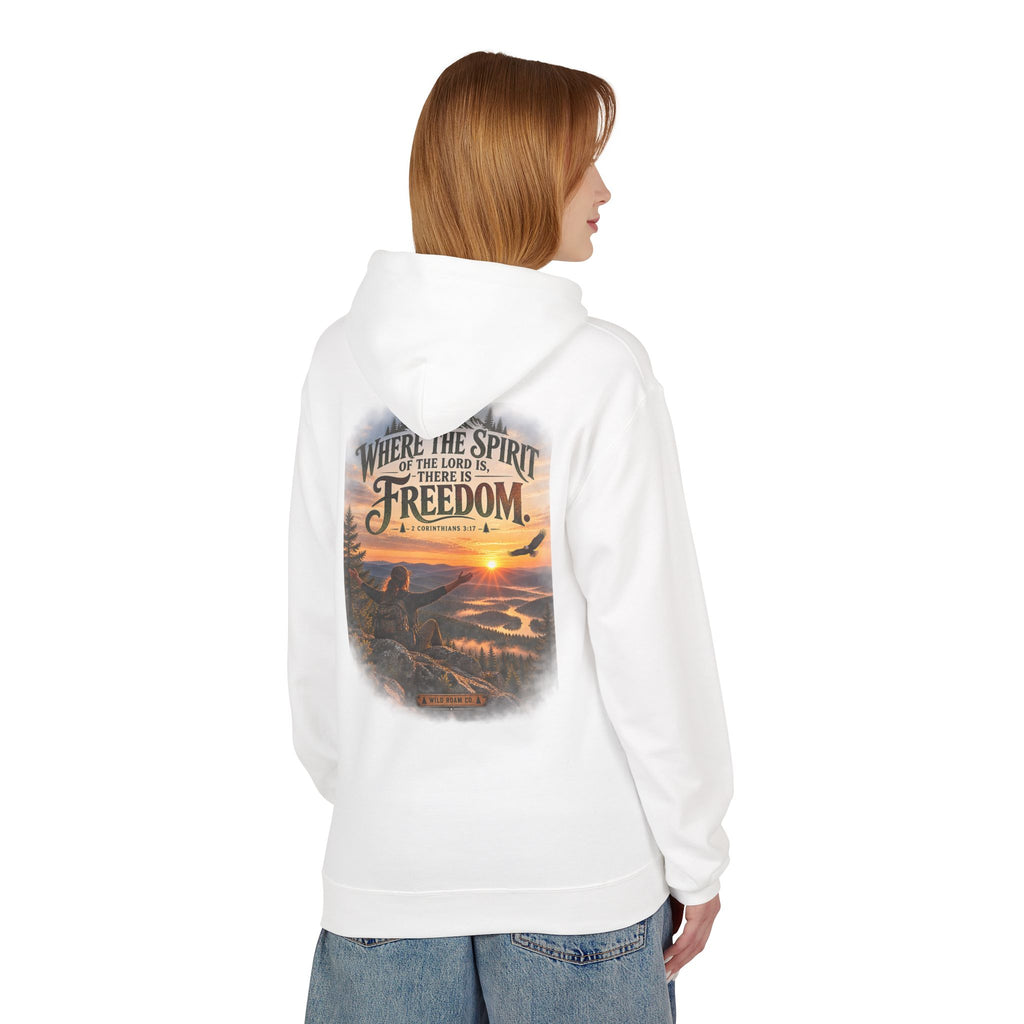 Women's Freedom Wilderness Hoodie — "Where the Spirit of the Lord is Freedom" Scenic Outdoor Pullover