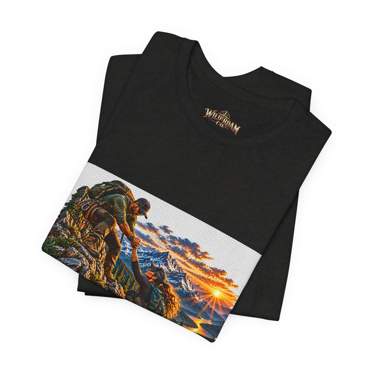 Couple Helping Hand Graphic Tee — Wild Roam Co. Mountain Climber Sunset T‑Shirt