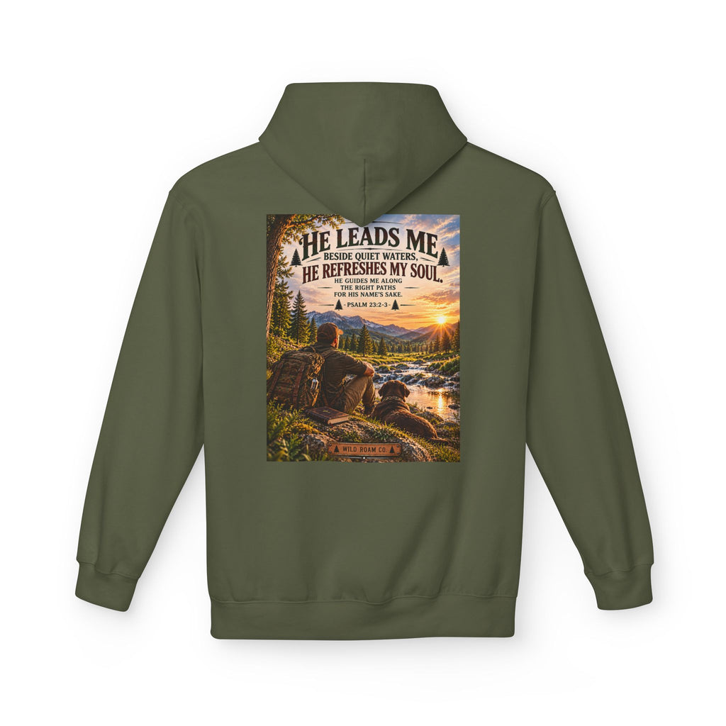 Men's Hoodie — "He Leads Me" Scenic Christian Outdoors Hoodie