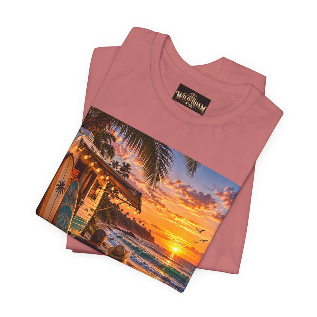 Sunset Surf Camp Tee — Beach Sunset Couple Graphic T-Shirt