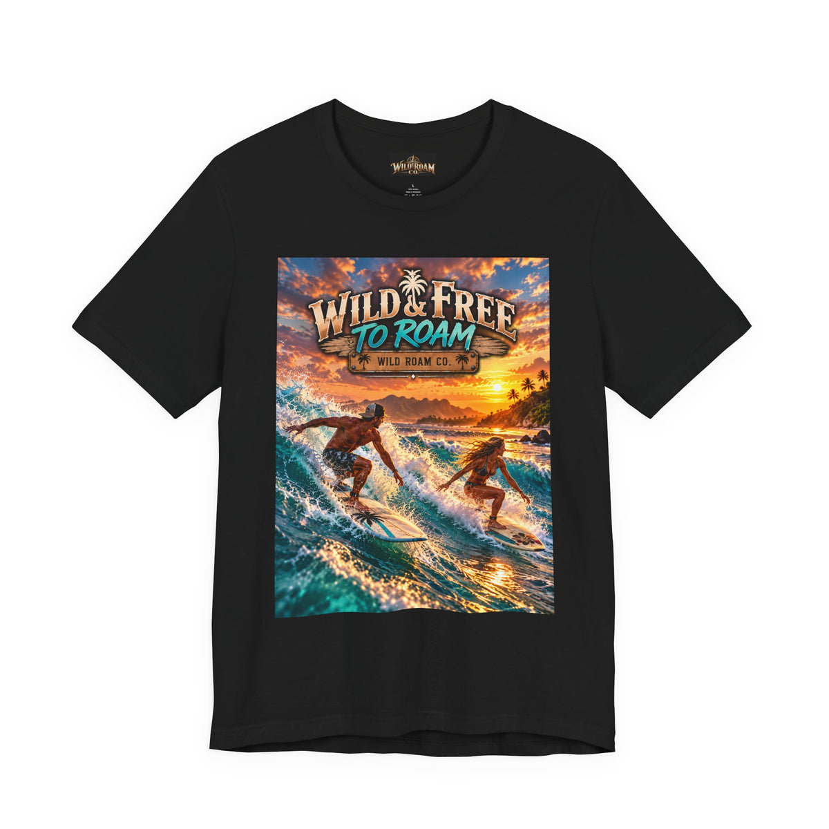 Surfing Sunset T‑Shirt — "Wild & Free to Roam" Beach Graphic Tee