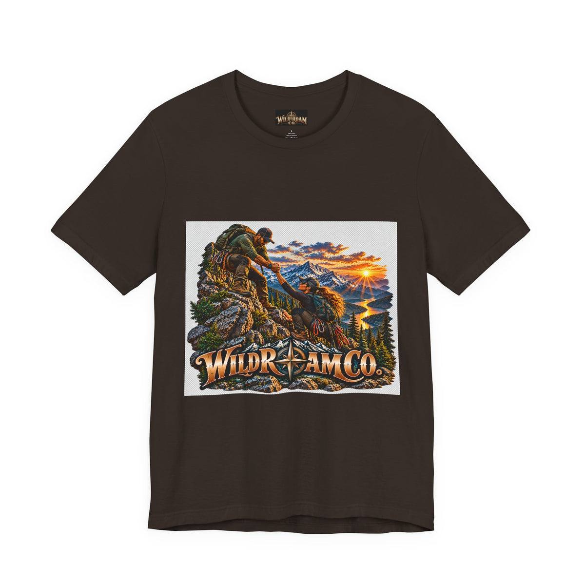 Couple Helping Hand Graphic Tee — Wild Roam Co. Mountain Climber Sunset T‑Shirt