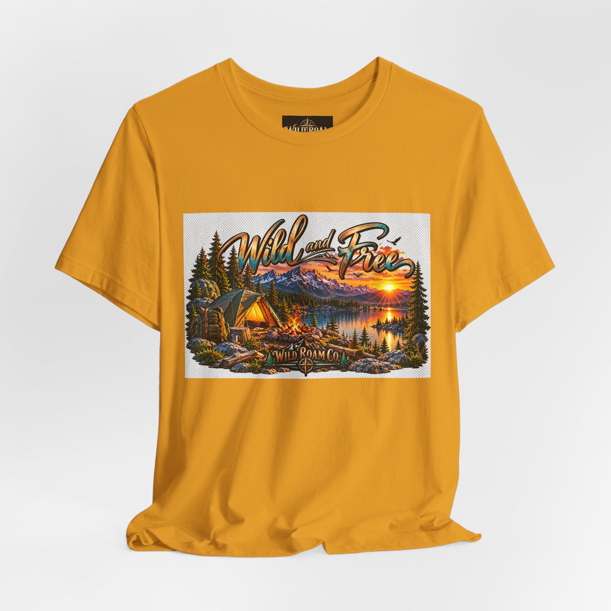 Wild and Free Camping T-Shirt — Mountain Lake Sunset Graphic Tee