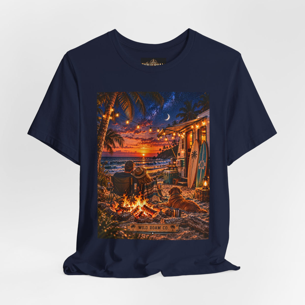 Beach Bonfire Sunset T-Shirt — Surfboard Campfire Coastal Graphic Tee