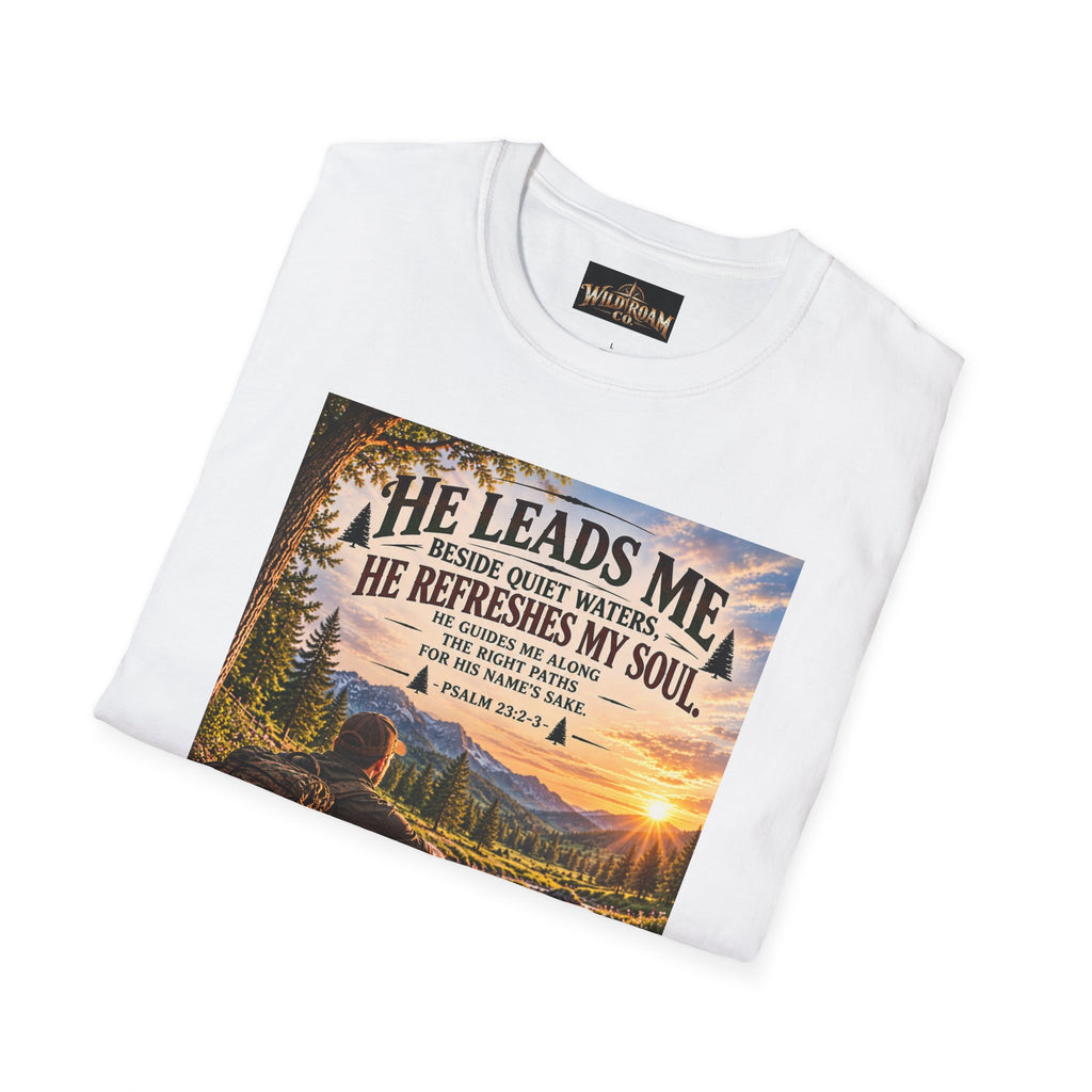 Men's He Leads Me Psalm 23 Scenic T-Shirt — Christian Faith Outdoors Graphic Tee