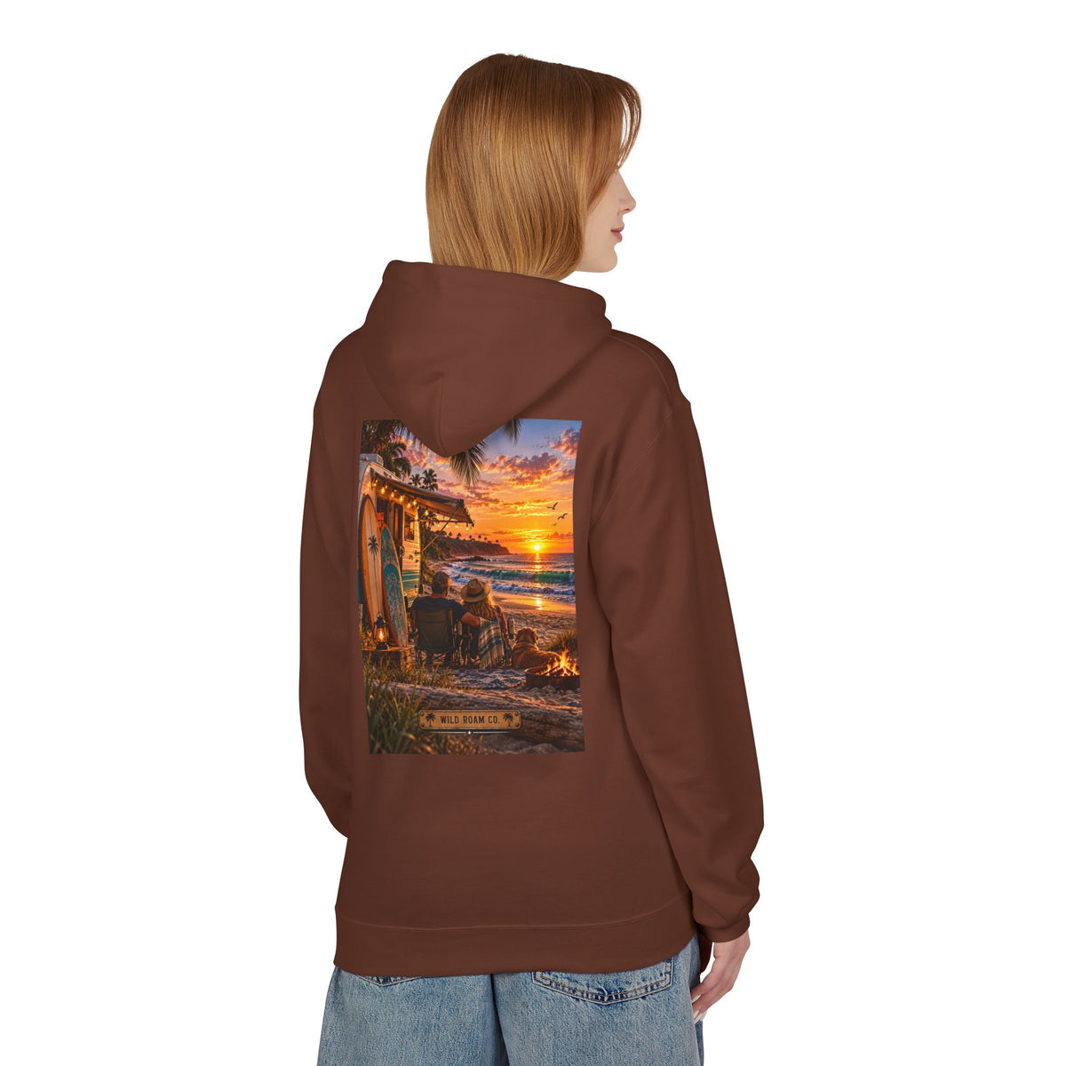 Wild Roam Co Hoodie--Surf Sunset Graphic Hoodie (Beach Sunset Surf Shack Design)