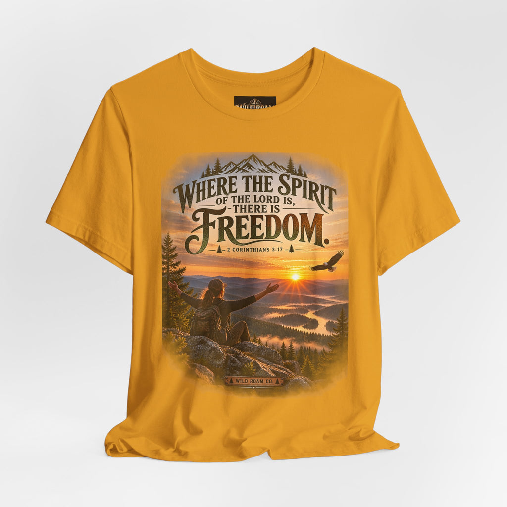 Women's Freedom Sunrise Tee — "Where the Spirit of the Lord is, there is Freedom" Christian T‑Shirt