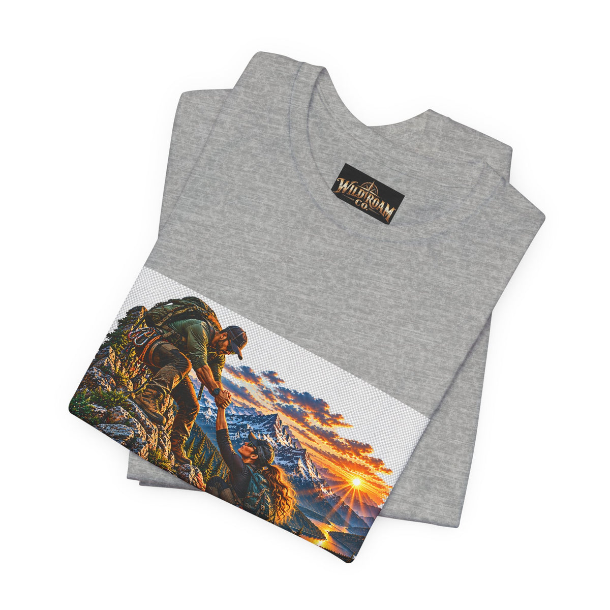 Couple Helping Hand Graphic Tee — Wild Roam Co. Mountain Climber Sunset T‑Shirt