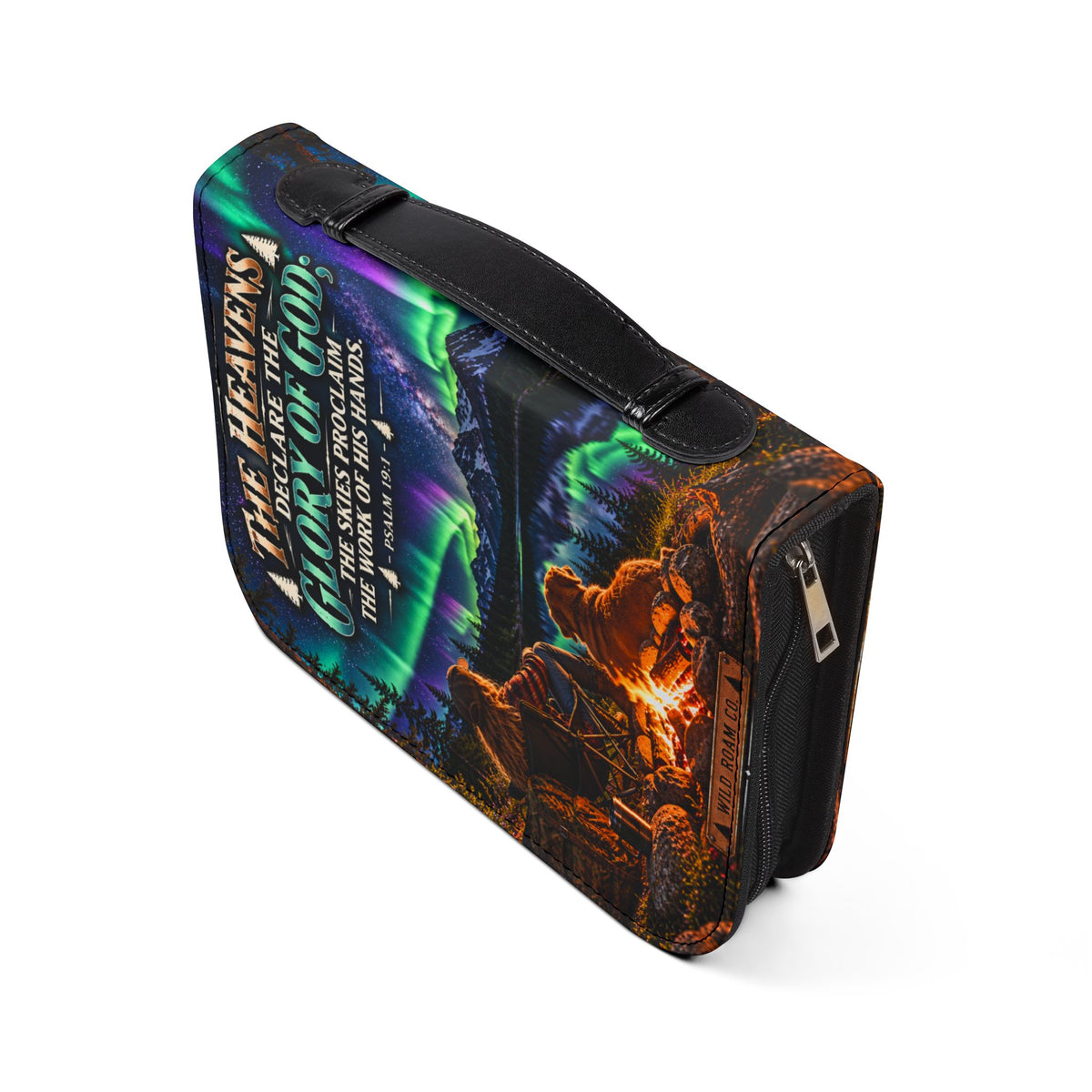 Women's Bible Cover — "The Heavens Declare the Glory of God" Aurora Camping Psalm 19:1 Zippered Bible Case