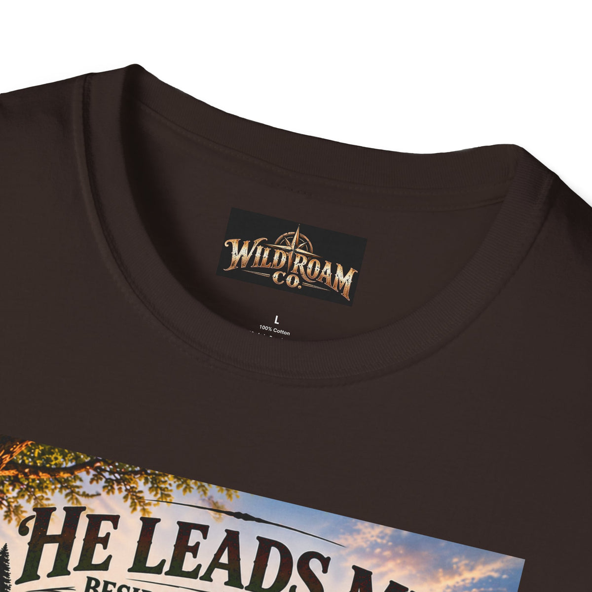 Men's He Leads Me Psalm 23 Scenic T-Shirt — Christian Faith Outdoors Graphic Tee