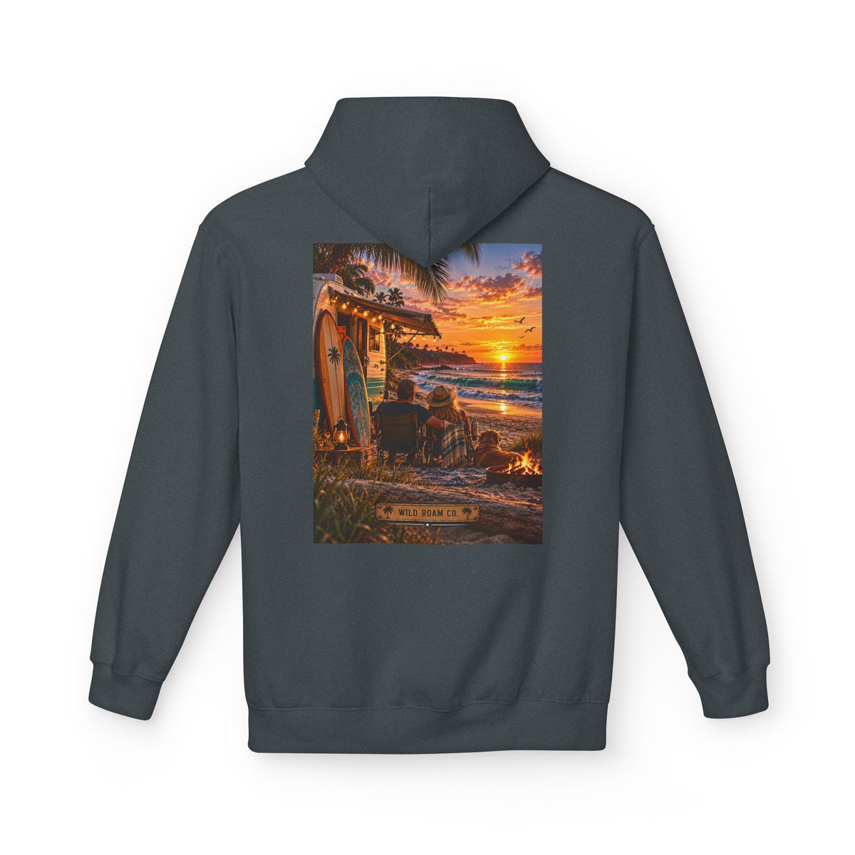 Wild Roam Co Hoodie--Surf Sunset Graphic Hoodie (Beach Sunset Surf Shack Design)