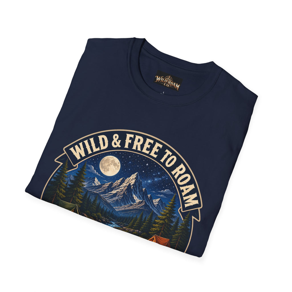 Camping T-Shirt — "Wild & Free to Roam" Mountain Campfire Graphic